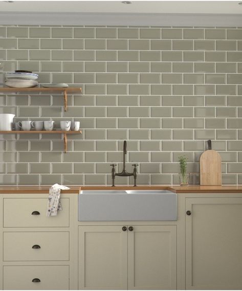 Sage Tile, Sage Green Kitchen Walls, Metro Tiles Kitchen, Grey Kitchen Tiles, Green Kitchen Walls, Metro White, Sage Kitchen, Kitchen Splashback Tiles, Sage Green Kitchen