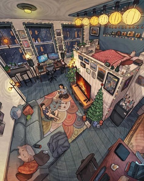 Cozy Loft Bed, Real Fireplace, Cozy Loft, Wolverine Art, Art Gallery Interior, Interior Design Drawings, Big Tv, Cabin Art, Animal Crossing Wild World