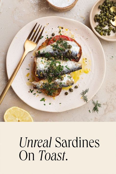 Unreal Sardines on Toast | This Little Plate. Sardine Toast Recipes, Tinned Sardine Recipes, Tomato Sardines Recipe, Sardines Breakfast, Tinned Fish Toast, Sardines On Toast, Sardine Toast, Sardine Recipes Canned, Sardine Salad