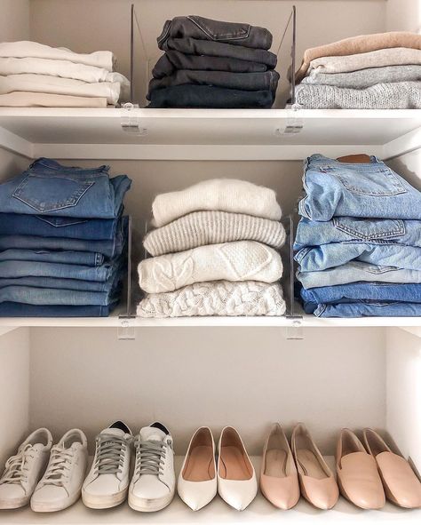 Jeans Storage Ideas, Jeans Storage, Denim 2024, Jean Organization, Organiser Son Dressing, Extra Space Storage, Getting Organized At Home, Neutral Capsule Wardrobe, Capsule Wardrobe Basics