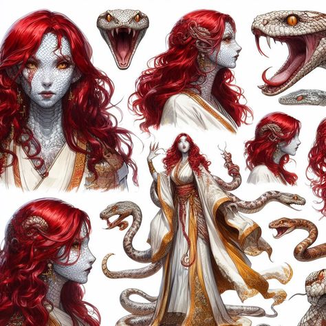 Fantasy Snake Monsters, Snake Person Character Design, Snake Woman Art, Yuan Ti Character Art, Snake Monster, 2024 Hair Trends For Women, Snake Woman, Yuan Ti, 2024 Hair Trends