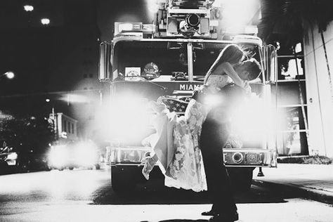 Firefighter Wedding Photos, Firefighter Engagement Pictures, Bass Photography, Fireman Wedding, Firefighter Engagement, Truck Photo, Firefighter Wedding, Firefighter Love, Fire Wife