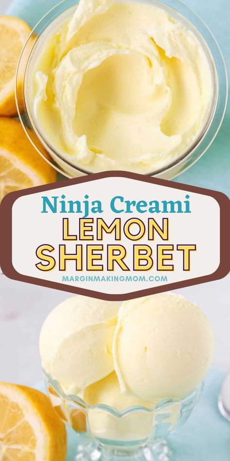 You'll love how easy it is to make this Ninja Creami lemon sherbet! It's simple to whip up, with just a few ingredients, and it's a refreshing treat that's nice and creamy but not too sweet. Perfect for summer! Ninja Creami Lemon Gelato Recipes, Ninja Creami Lime Sherbert, Ninja Creami Lemon Italian Ice, Lemon Sherbet Recipe, Sherbert Ninja Creami, Ninja Creami Sherbet, Ninja Creami Lemon Sorbet Recipes, Lemon Ninja Creami Recipes, Lemon Sorbet Ninja Creami