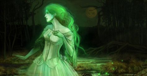 green lady Female Ghost Art, Fox Reference, Ghost Lady, Root Work, Ghost Paintings, Rpg Monsters, Lonely Ghost, Mysterious Universe, Green Ghost