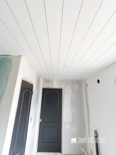 Shiplap Bathroom Ceiling, Bathroom With Shiplap, Easy Shiplap, Shiplap Bathroom Wall, Plywood Ceiling, Painting Shiplap, Recessed Shelves, Shiplap Boards, Installing Shiplap