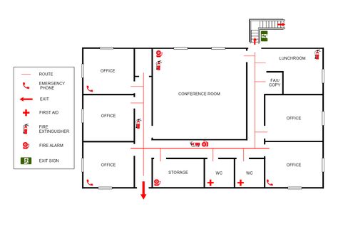 This is a Small Office Evacuation Plan template that is designed for workplace emergency plan procedures, to respond quickly and effectively in disasters, and to safely evacuate the workers from the building. The template is a 100% customizable and you can edit every aspect of it with a few simple clicks in MyDraw. Small Office Floor Plan Commercial, Workplace Floor Plan, Emergency Evacuation Plan Templates, House Floor Plan With Emergency Exit, Small School Floor Plan, Architectural Firm Office Floor Plan, Evacuation Plan House, Small Hospital Floor Plan, Administrative Building Plan