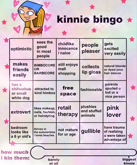 Total Drama Kinnie Bingo, Total Drama Bingo, Lindsay Total Drama, Kin Bingo, Fun Templates, Kinnie Bingo, Therapy Animals, Drama Memes, Character Traits