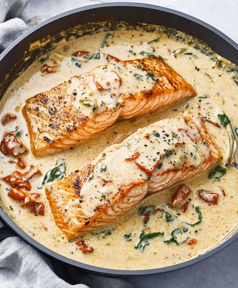 Tuscan Salmon With Parmesan Cream Sauce Recipe Salmon With Sundried Tomatoes, Horseradish Cream Sauce For Salmon, Creamy Pesto Salmon, Salmon Artichoke Recipes, Pasta For Salmon, Pecan Crusted Salmon Recipes, Salmon White Sauce, Salmon With Mushroom Sauce, Alfredo With Salmon