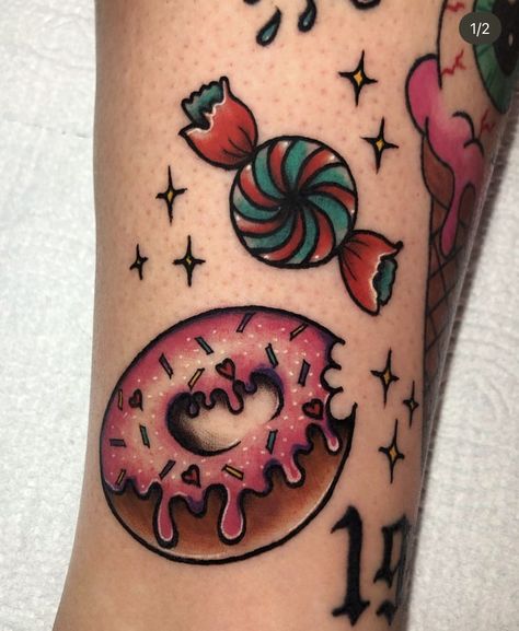 Kyrie Tattoo, Dessert Tattoo, Sugar Tattoo, Donut Tattoo, Filler Tattoos, Candy Tattoo, Brain Tattoo, Dessert Art, Flash Sheets