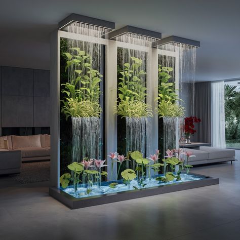 This stunning vertical garden with cascading water creates a serene atmosphere. 🌿💧 Water Wall Interior Design, Water Wall Interior, Water Body Landscape Design, Indoor Garden Architecture, Office Garden Outdoor, Indoor Landscape Design, Room Elevation, Restaurant Landscape, Garden Chapel