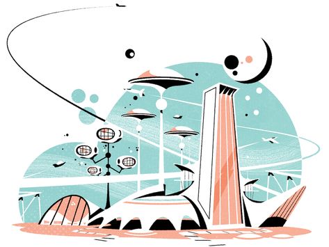 A googie cityscape googie skyline retro futurism cityscape illustrator minimalist architecture city illustration vector Googie Architecture, Futurism Art, Arte Peculiar, New Retro Wave, City Drawing, Found Object Art, City Illustration, Futuristic City, Science Fiction Art