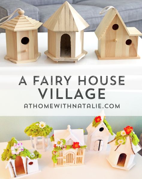 Last year we threw a Fairy Birthday Party for the girls’ 4th and 6th birthday. I created a fun little fairy village for the dessert table and now it is set up in their bedroom! I just realized I never Diy Wooden Fairy House, Make Your Own Fairy House, Fairy House Bird House, Diy Mini Village, Fairy Garden Table Decor, Wooden Fairy Houses, Diy Fairy House, Fairy Diy, Craft Furniture