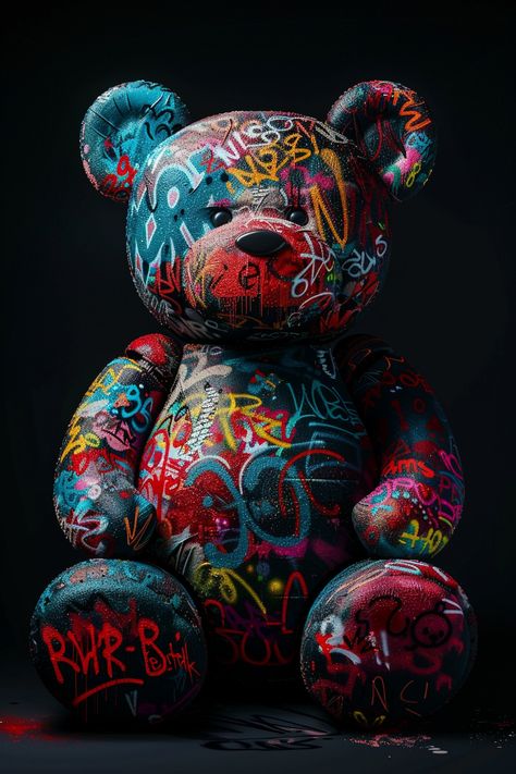 #TeddyBear #Graffiti #Hyper-realistic #BlackBackground #MoviePoster #Colorful #TheCandie Graffiti Teddy Bear, Graffiti Posters, Lofted Cabin, Cute Wallpapers For Android, Graffiti Ideas, Inspirational Digital Art, Kaws Wallpaper, Animal Art Projects, Colorful Graffiti