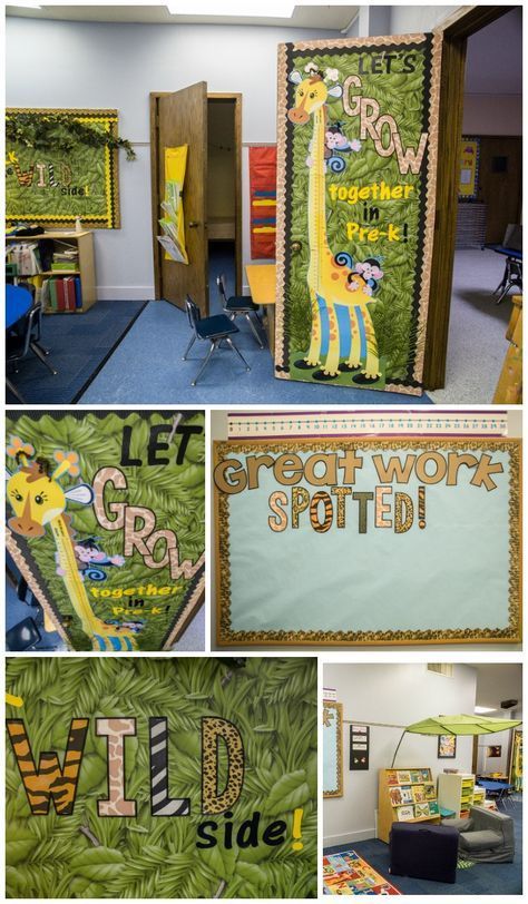 Jungle Classroom Door, Jungle Theme Classroom Decorations, Animal Print Classroom, Rainforest Classroom, Safari Theme Classroom, Preschool Classroom Themes, Kindergarten Classroom Themes, Decoration Jungle, Preschool Jungle