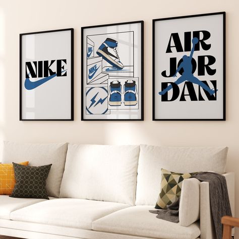 Hypebeast Sneaker Poster Set of 3 Hypebeast Wall Decor Blue Sneakerhead Decor Blue Sneaker Poster Jordan Bedroom Ideas, Nike Room Decor, Jordan 1 Poster, Cmyk Color Palette, Sneakerhead Decor, Nike Posters, Yankees Poster, Jordan Painting, Snoopy Drawing