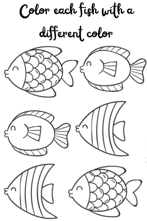 Printable worksheet "Color/Colour each fish with a different color" (English version) for age-regressors / Littles. Cute Coloring Pages For Kids, School Nurse Office Decorations, Fish Printables, Insect Coloring Pages, Bee Printables, Space Coloring Pages, Disney Princess Coloring Pages, Printable Christmas Coloring Pages, Fish Coloring Page