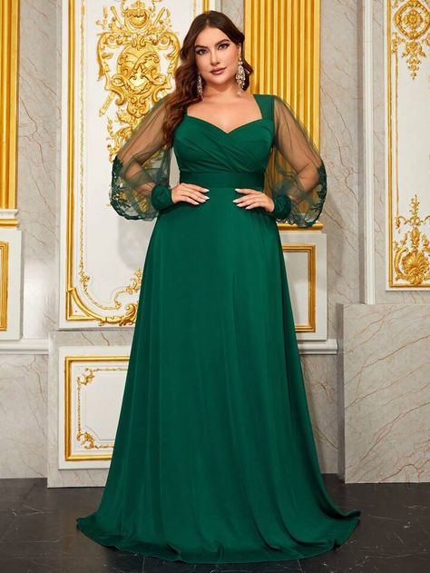 Giffniseti Plus Sweetheart Neck Mesh Panel Ruched Formal Dress | SHEIN USA Off Shoulder Bridesmaid Dress, Diamond Collar, A Line Maxi Dress, Cocktail Dress Formal, Plus Size Prom, Maxi Dress Wedding, Bridesmaid Gown, Mesh Long Sleeve, Green Satin