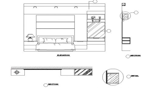 Bedroom elevation and section dwg file Bedroom Elevation Interior, Bedroom Section Drawing, Plan Section Elevation Drawings, Bedroom Elevation Drawing, Bedroom Elevation, Bedroom Section, Bedroom Lamps Design, Furniture Sketches, Interior Architecture Sketch