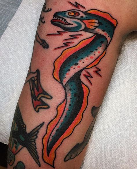 An electric eel from the other day by Alex Zampirri at Heart and Soul Tattoo PA. Electric Eel Tattoo, Eel Tattoo, Heart And Soul Tattoo, Traditional Tattoo Inspiration, Electric Eel, American Traditional Tattoo Ideas, Traditional Tattoo Ideas, Soul Tattoo, Flower Wrist Tattoos