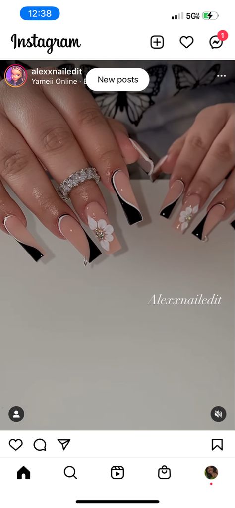 Class Reunion Nail Ideas, Black And White Nails For Prom, Black And White Nails Prom, Black And White Graduation Nails, Black French Acrylic Nails Coffin, Black And White Coffin Acrylic Nails, Birthday Nails Black And White, Black And White Nail Designs Coffin, Black And White Prom Nails