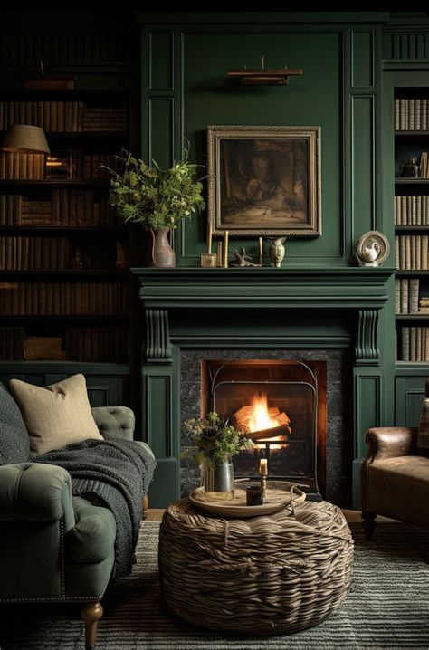 Moody Den With Fireplace, Dark And Cozy Living Room, Modern Victorian Fireplace, Moody Victorian Decor, Moody Fireplace, Victorian Fireplace Ideas, Moody Victorian, Basement Living, Victorian Fireplace