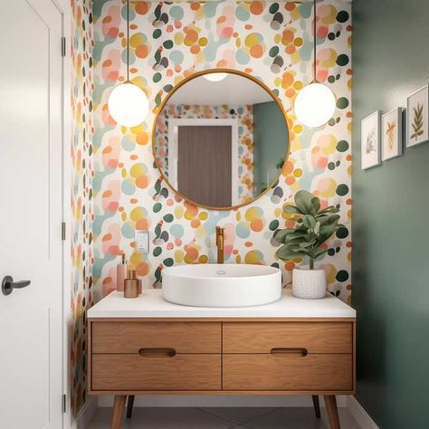 15+ Amazing Mid-Century Bathroom Design Ideas for a Retro Touch • 333+ Images • [ArtFacade] Vintage Geometric Wallpaper, Mcm Kids Room, Mid Mod Bathroom, Funky Bathroom Ideas, Mid Century Bathroom Remodel, Retro Bathroom Ideas, Mcm Bathroom, Midcentury Modern Bathroom, Funky Bathroom