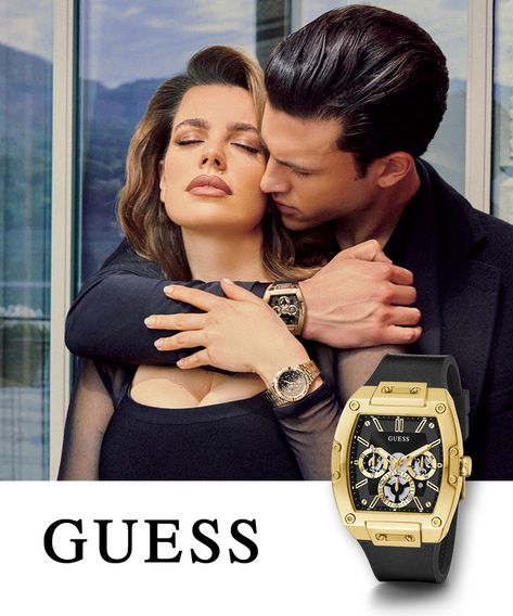 Be bold in black and gold – this winning colour combination has well and truly become the signature for GUESS watches and jewellery. Luxury Gold Watches With Date Indicator, Luxury Gold Watch With Tachymeter, Guess Watches Mens, Guess Men Perfume, Gucci Yellow Gold Automatic Watches, Guess Watches, Guess Watch, Graphic Shapes Design, Graphic Shapes