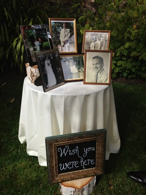 A simple and sweet DIY way to remember deceased loved ones. #wedding #weddingceremony #memorial Romantic Backyard, Wedding Photo Display, Rustic Wedding Decorations, Backyard Weddings, Boda Diy, Peacock Wedding, Future Wedding Plans, Cute Wedding Ideas, Wedding Cake Designs