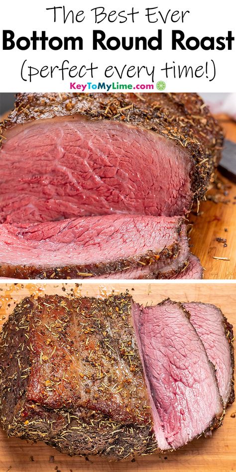 Learn how to easily make the best bottom round roast recipe. This tender rump roast makes a great Sunday roast for family dinners, and the leftovers are perfect for roast beef sandwiches. KeyToMyLime.com Bottom Round Roast Oven, Oven Roasted Tri Tip, Round Roast Recipe, Top Round Roast Recipe, Bottom Round Roast Recipes, Bottom Round Roast, Beef Rump Roast, Perfect Roast Beef, Rump Roast