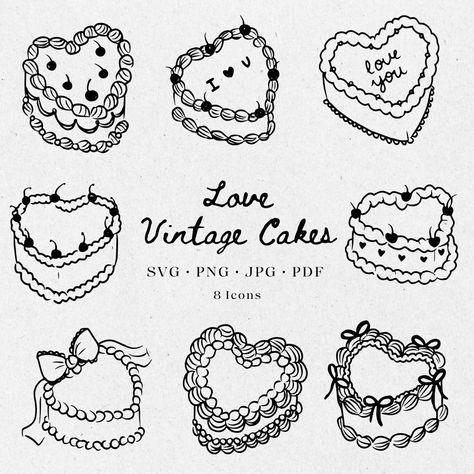 Heart Shaped Invitations, Typewriter Drawing Simple, Vintage Style Drawing, Heart Cake Illustration, Vintage Cake Illustration, Vintage Cake Tattoo, Cake Doodle Drawing, Vintage Cake Drawing, Heart Cake Drawing