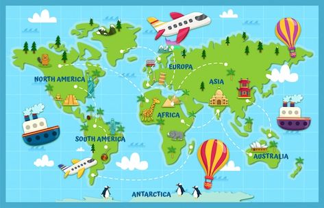 World Map Illustration Design, Countries Illustration, America Continent Map, World Map Illustration, World Map Continents, Color World Map, World Map With Countries, Illustration Map, Tourism Design