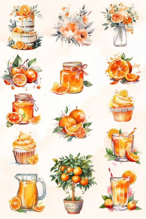 Journal Printables Stickers Aesthetic Orange, Orange Aesthetic Stickers Printable, Orange Journal Stickers Printable, Orange Journal Stickers, Fruits Stickers Printable, Transparent Flower Stickers, Watercolor Flower Stickers, Watercolor Oranges, Orange Stickers