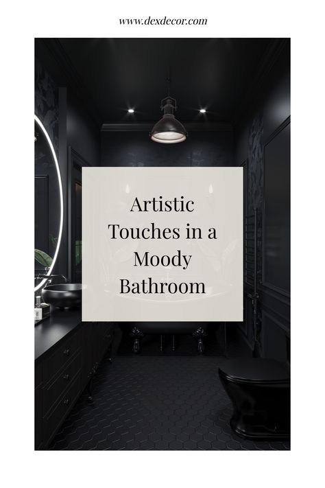 Moody black bathroom with artistic touches and circular mirror. Black Onyx Bathroom, Midnight Blue Bathroom, Dark Moody Bathroom, Dark Wood Accents, Matte Black Fixtures, Black Clawfoot Tub, Kitchen Flooring Trends, Kitchen Tile Inspiration, Ensuite Bathroom Designs