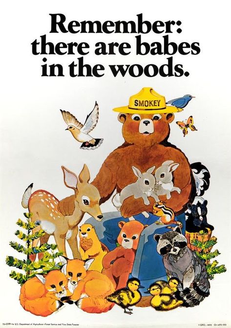 Smokey Bear - Remember: there are babes in the woods. Smokey The Bear, Smokey Bear, Smokey The Bears, Animals And Birds, Forest Service, Design Innovation, Forest Fire, Back To Nature, Design Thinking