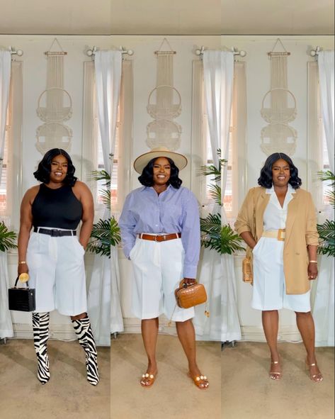 White Knee Length Shorts Outfit, How To Style Bermuda Shorts Summer, Bermuda Shorts Outfit Black Women, Bermuda Pants Outfits, White Bermuda Shorts Outfit, Bermuda Shorts Outfit Women, How To Style Bermuda Shorts, Bermuda Shorts Outfits, Shorts Styling