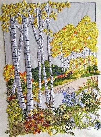 Embroidery Pillows, Crewel Embroidery Tutorial, Sulaman Pita, Crewel Embroidery Patterns, Crewel Embroidery Kits, Landscape Quilts, Brazilian Embroidery, Thread Painting, Silk Ribbon Embroidery