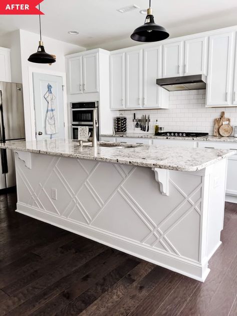 Kitchen Island Redo, Kitchen Island Upgrade, Kitchen Island Trim, Kitchen Island Makeover, Builder Grade Kitchen, Flat Paint, Apartment Budget, Diy Kitchen Island, Updated Kitchen