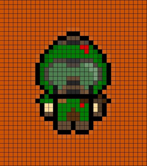 A pixel art template of the Bethesda studios video game character, Doom Slayer (or Doom Guy) from DOOM. Doom Perler Beads, Pride Pixel Art, Pixel Building, Melt Beads Patterns, Doom Slayer, Perler Projects, Easy Perler Beads Ideas, Perler Art, Diy Perler Bead Crafts