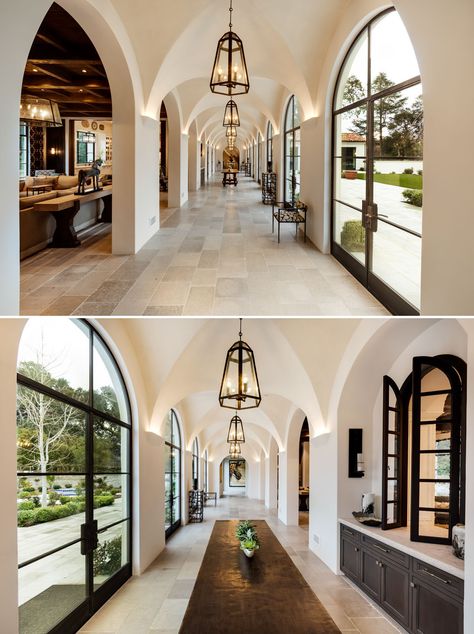 Arched Hallway Spanish Style Homes Exterior, Spanish Style Homes Interior, Hacienda Style Homes Mexican, Modern Spanish Farmhouse, Spanish Style Home Exterior, Modern Spanish Style Homes, Spanish Style Home Interior, Style Hacienda, Woodside California