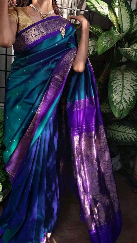 Silk Saree Wedding Look, Blue And Purple Saree, Silk Saree Ideas, Silk Saree Look Traditional, Sarees Aesthetic, Blue Bridal Saree, Purple Silk Saree, Purple Sari, Silk Sarees For Wedding