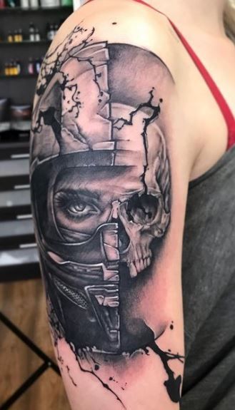 50 Badass Biker Tattoos - Designs, Ideas & Pictures - Tattoo Me Now Biker Hand Tattoos For Men, 1 Down 5 Up Tattoo Motorcycle, Skull And Motorcycle Tattoo, Tattoo Ideas For Men Motorcycle, Female Biker Tattoos, Vehicle Tattoo Ideas, Female Motorcycle Tattoo, Moto Helmet Tattoo, Tattoos For Bikers