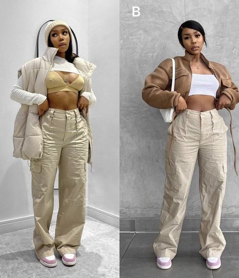 Choose with outfit you like black girl aesthetic edition Cargo Pants Poses Women, Cargo Pants With Puffer Jacket, Outfit Ideas With Khaki Cargo Pants, Crop Tops And Cargo Pants, Black White And Beige Outfit, Beige Cargo Pants Outfit Black Women, Tan Cropped Jacket Outfit, Tan Jordan 1 Outfit Women, Cargo Pants And Puffer Jacket