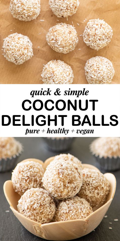 Beautiful vegan coconut balls that require minimum effort. Simple ingredients mixed together to create an easy and healthy plant-based dessertmade from natural ingredients. High in protein and healthy fats thanks to the whole almonds and coconut shreds, these energy balls make an excellent healthy snack. #plantbased #veganbreakfast #plantbasedrecipes #vegan #veganrecipes Coconut Snack Recipes, Cheap Vegan Snacks, Protein Balls Coconut, Shredded Coconut Recipes, Coconut Delight, Coconut Energy Balls, Health Bars, Whole Foods Vegan, Coconut Balls