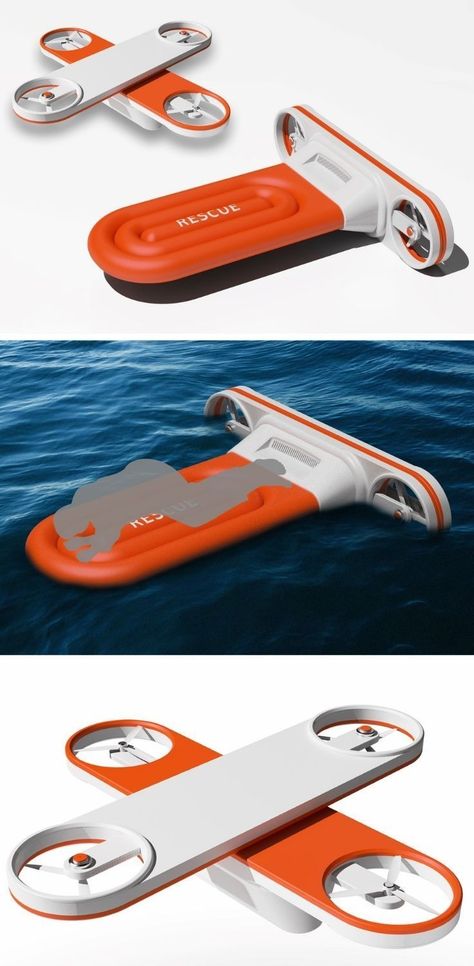 The LIFE DRONE is an amphibious rescue-device that can travel in air as well as on water. It comes with a unique format that allows it to go from your regular airborne quad-copter drone to a waterborne motor-raft whenever needed. The drone comes with a dynamic body that opens up to orient the propellers in an X formation to take to the skies. The base of the drone comes with an automatic inflating life-raft that deploys near the person who needs help. VIEW MORE NOW! Water Drone, Drone Propeller, Inflatable Raft, Machine Project, Life Raft, Phone Microphone, Future Technology Concept, Digital Picture Frames, Inflatable Rafts