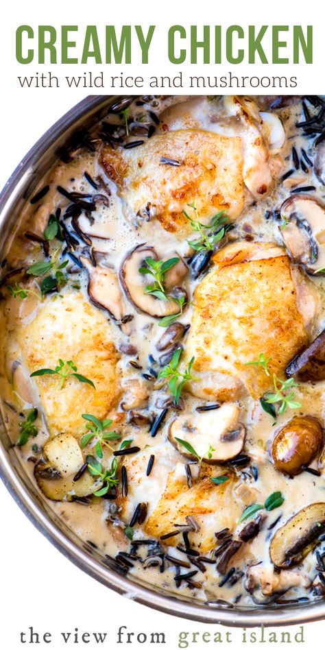 chicken thighs with rice and mushrooms in a skillet Chicken Wildrice Mushroom Casserole, Mushroom Chicken Thigh Recipes, Creamy Chicken With Mushrooms, Wild Rice And Mushrooms, Chicken With Wild Rice, Meals To Make With Chicken, Food Casseroles, Best Chicken Thigh Recipe, Mother Clucker