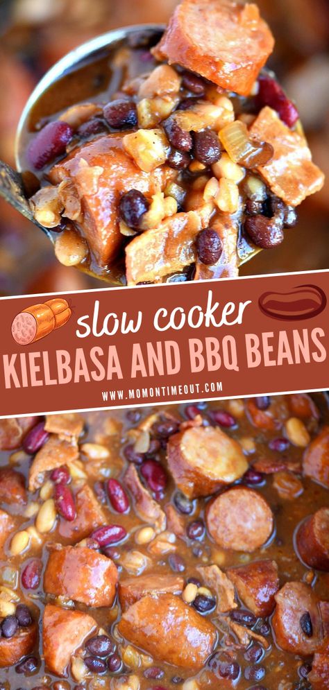 Chilly Recipe, Kielbasa Crockpot, Barbecue Beans, Crockpot Barbecue, Slow Cooker Kielbasa, Bbq Beans, Mom On Timeout, Crockpot Dishes, Easy Slow Cooker Recipes