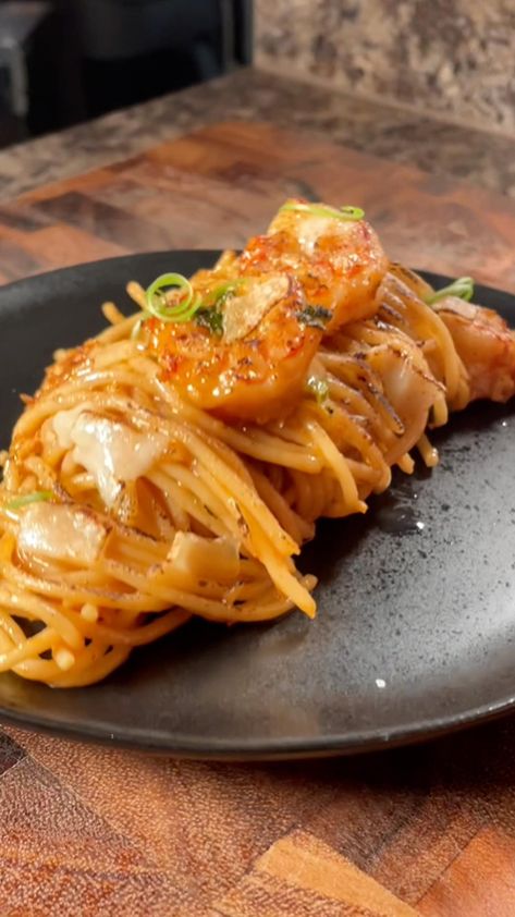 Garlic Noodles With Shrimp, Spaghetti Casseroles, Buttery Garlic Sauce, Noodles With Shrimp, Garlic Knot, Shaved Parmesan, Cooked Shrimp, Wheat Noodles, Pasta Water