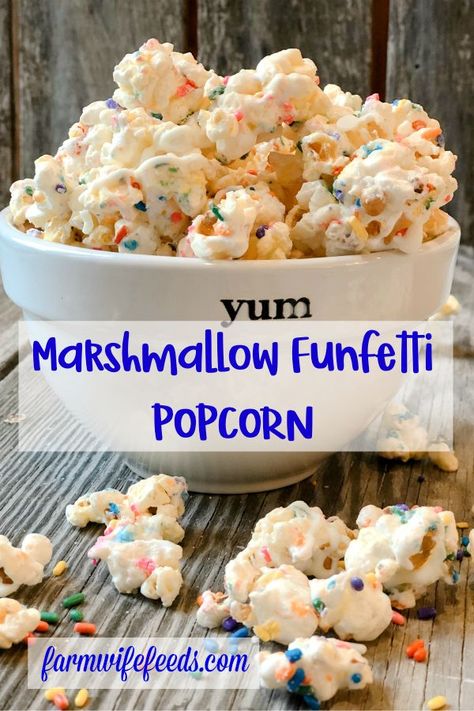 Funfetti Popcorn Recipes, Funfetti Popcorn, Marshmallow Popcorn Balls, Marshmallow Popcorn, How To Make Popcorn, Salty Sweet Snacks, Funfetti Cake Mix, Popcorn Treats, Marshmallow Creme