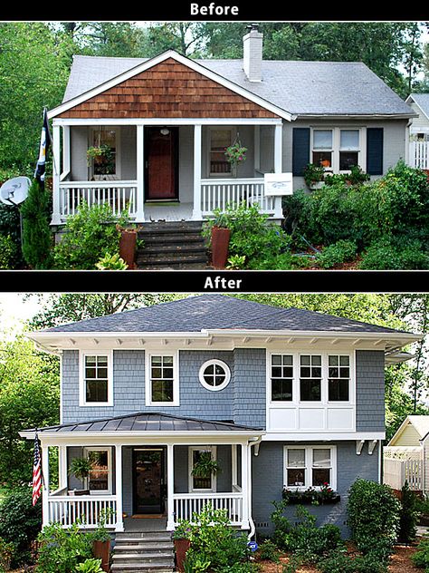 Second floor addition home renovation before and after collage. Ranch House Additions Before And After, Ranch Remodel Before And After, Bungalow Addition, Ranch House Additions, 2nd Floor Addition, House Exterior Before And After, House Flips, Second Floor Addition, Grandma House