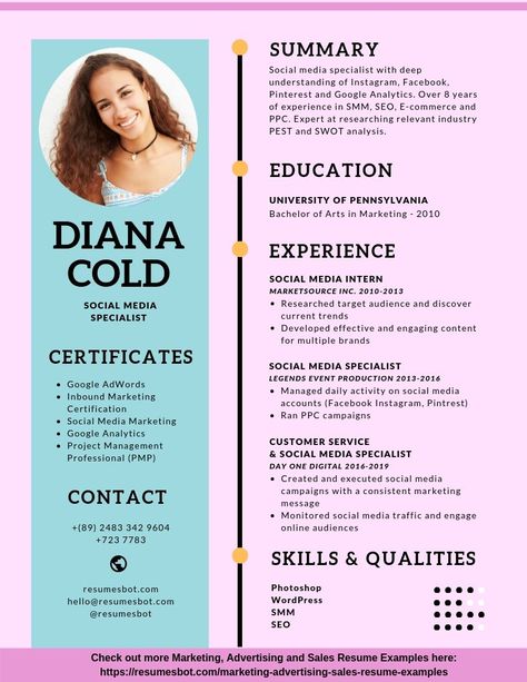 smm resume | social media specialist resume | social media specialist tips | smm job | resume template free | resume template professional Social Media Marketing Resume, Social Media Resume, Social Media Manager Resume, Creative Cvs, Free Resume Examples, Social Media Specialist, Marketing Resume, Resume Template Examples, Resume Layout